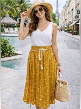 Imperfect NWT NAF NAF Paris skirt yellow maxi skirt rope tassel belt polka dot